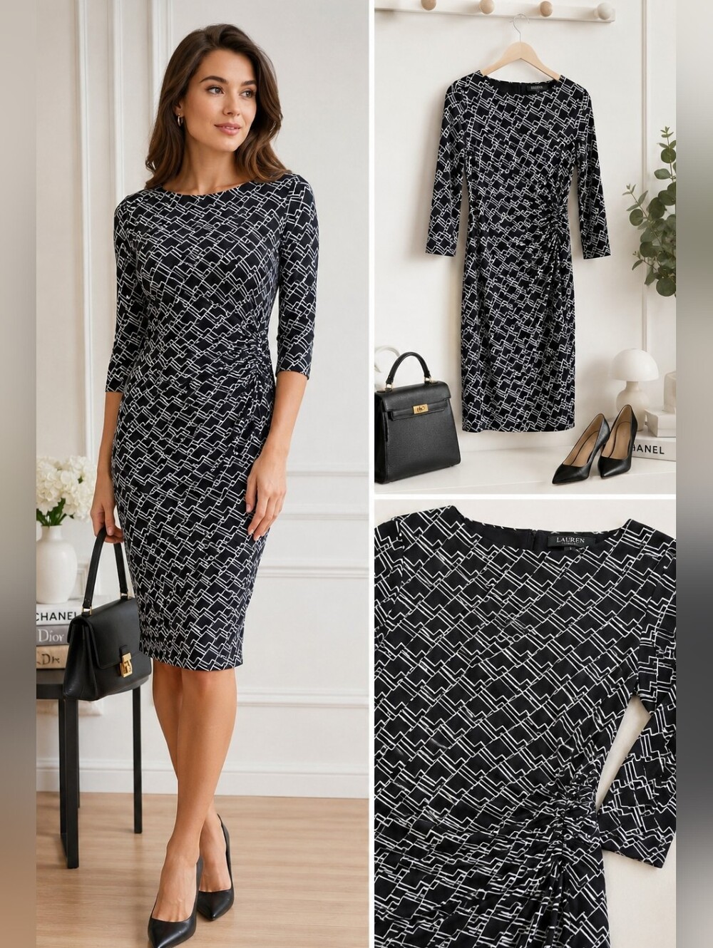 Lauren Ralph Lauren Black White Geometric Sheath Dress Ruched Side Career Office